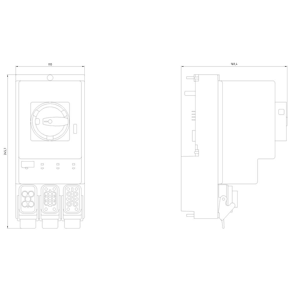 Dessin technique d'un appareil électronique avec vue de face et vue latérale. Dimensions en haut : 110 mm, à droite : 143 mm.
