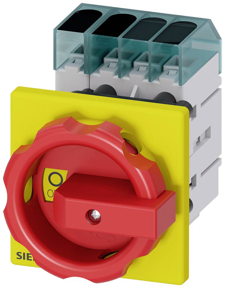 Un commutateur de sécurité rotatif en rouge et jaune, monté sur une unité électrique. Utilisé pour mettre en marche et arrêter des circuits électriques.