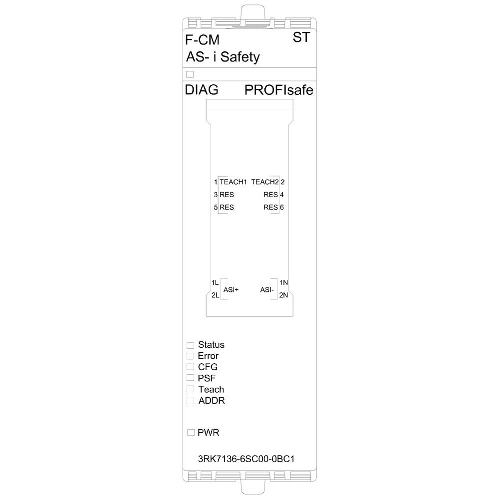 Un module de fonctionnalité de sécurité avec l'étiquette 'F-CM AS-i Safety'. Affiche des indicateurs d'état et des connexions pour PROFIsafe.