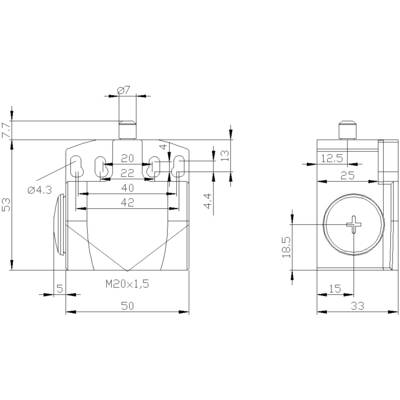 Dessin technique d'un composant avec des dimensions en millimètres. Les vues de face et de côté montrent les perçages, les diamètres et les filetages.