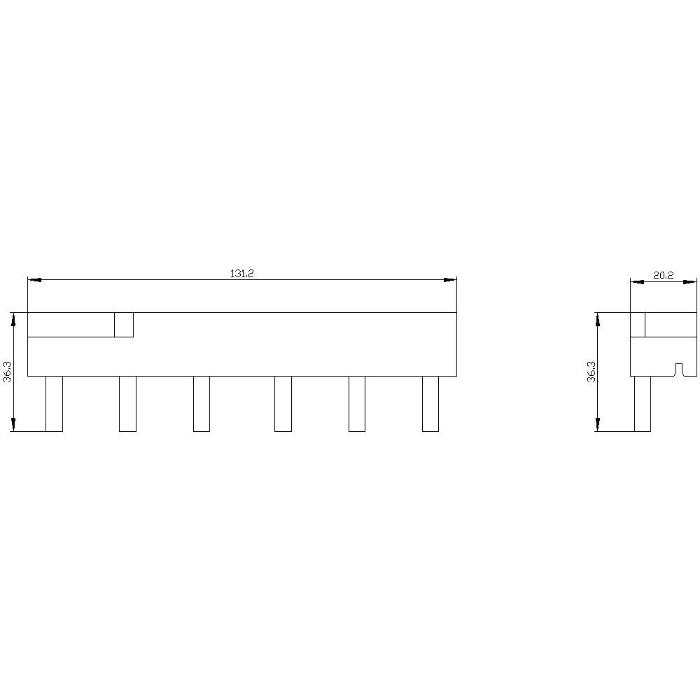 Dessin technique d'un composant avec les dimensions suivantes : longueur 131,2 mm, hauteur 36,9 mm et largeur 20,2 mm. Indique la position des saillies.