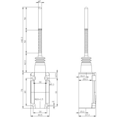 Dessin technique d'un capteur électrique avec dimensions en millimètres. Les vues de face et de côté présentent les mesures pour le montage et la construction.