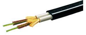 Gros plan d'un câble à fibre optique avec plusieurs fibres colorées dépassant de sa gaine noire.