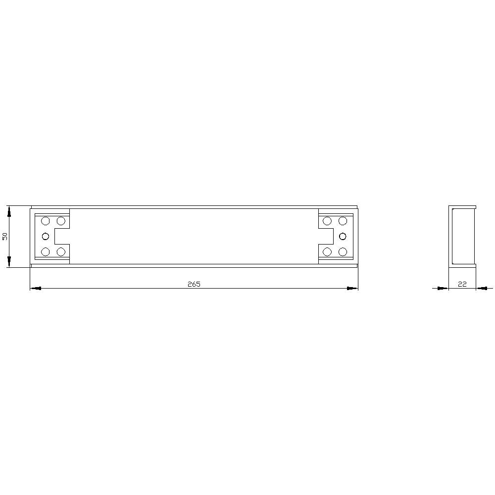 Dessin technique d'une pièce métallique rectangulaire avec les dimensions suivantes : longueur 265 mm, hauteur 51 mm, largeur 22 mm, et plusieurs trous de perçage.