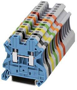 Un bloc de bornes à plusieurs étages, codé par couleur, pour le câblage électrique, présentant plusieurs points de connexion dans différentes couleurs.