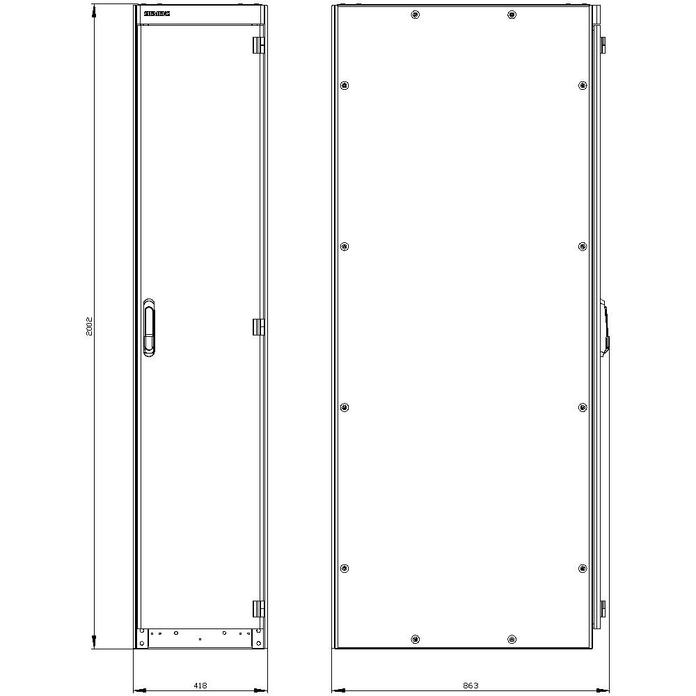 Esquisse d'un rack de serveur ou d'armoire de stockage, vue de face et de côté. Dimensions : hauteur 2002 mm, largeur 418 mm en façade, profondeur 863 mm sur le côté.