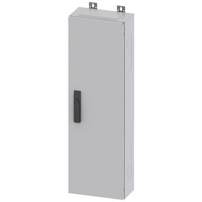 Armoire métallique grise, rectangulaire, avec une poignée noire, pouvant être montée sur un mur. Adaptée au stockage de composants électriques.