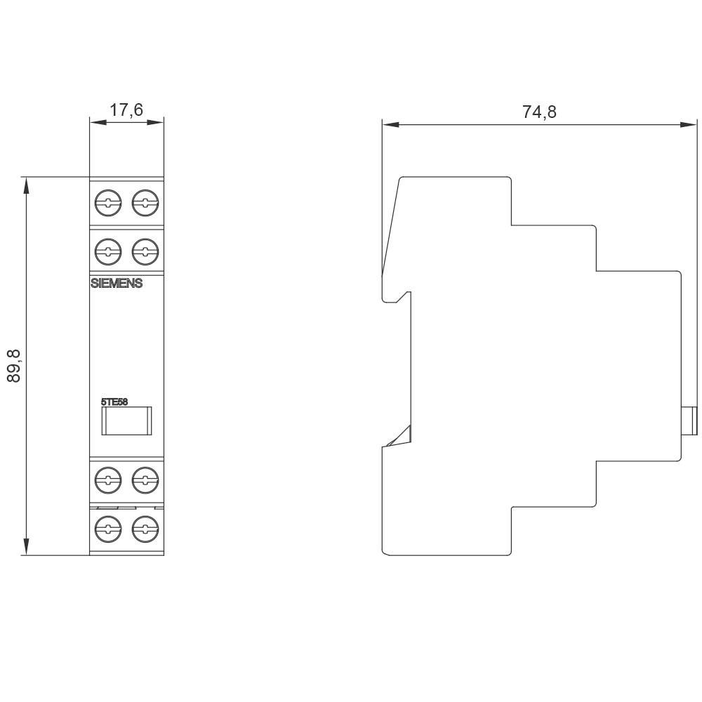 Dessin technique d'un disjoncteur électrique Siemens avec une hauteur de 89,8 mm, une largeur de 17,6 mm et une profondeur de 74,8 mm.