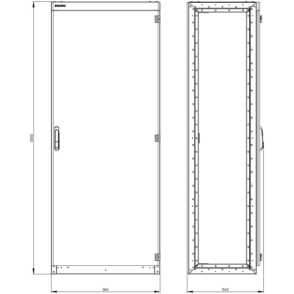 Deux dessins techniques d'une porte : Sur l'illustration de gauche, la vue de face, à droite la vue latérale avec des dimensions de 850 mm et 950 mm.