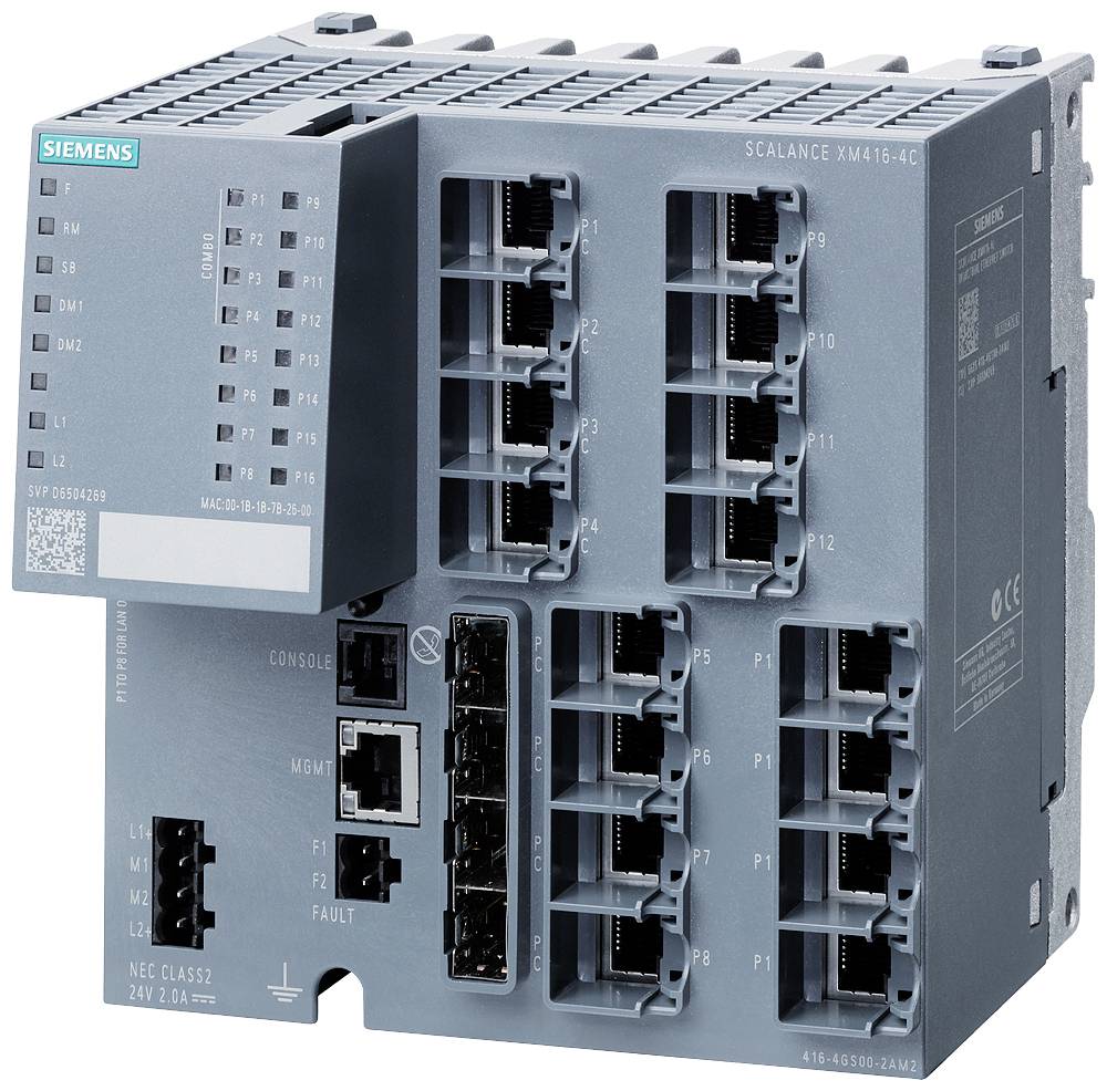 Commutateur industriel Siemens Scalance XM416-4C avec plusieurs ports Ethernet et voyants LED pour la connectivité réseau et le diagnostic.