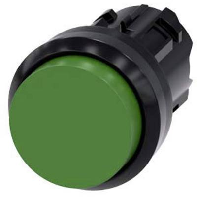 Bouton-poussoir rond vert avec un contour noir, sur fond blanc.
