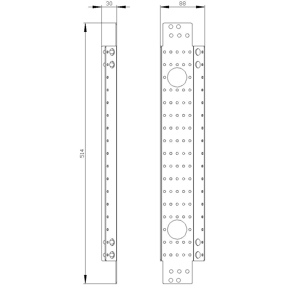 'Dessin technique d'un profilé métallique, longueur 514 mm, largeur 88 mm, profondeur 30 mm. Nombreux perçages et deux grandes ouvertures circulaires.'