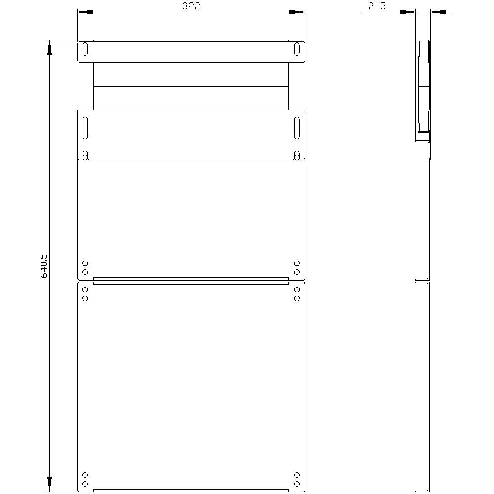 Dessin technique d'un boîtier rectangulaire avec les dimensions suivantes : hauteur 614,5 mm, largeur 322 mm, profondeur 21,5 mm. Vue latérale et vue de face.