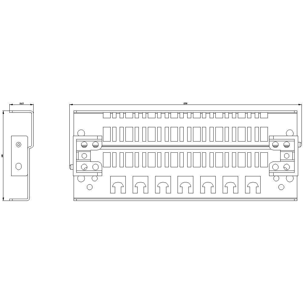 Dessin d'un répartiteur électrique avec dimensions. Montre la disposition des connexions et des trous de montage.