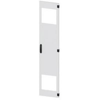 Porte blanche avec des découpes rectangulaires en haut et en bas, poignée noire au centre et charnières noires sur les côtés.