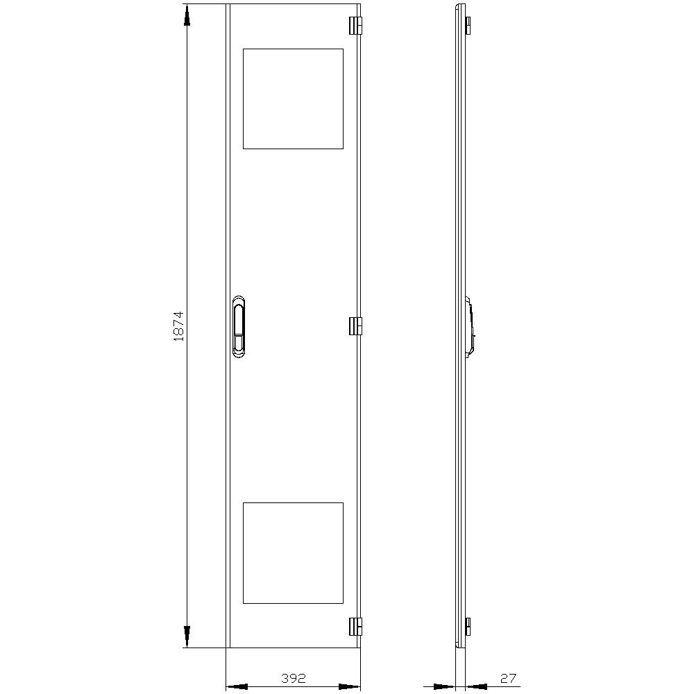 Deux vues d'une porte en dessin technique : vue de face avec des dimensions de 1871 mm de hauteur, 392 mm de largeur et vue latérale avec une épaisseur de 27 mm.
