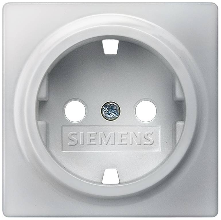 Prise électrique blanche avec une ouverture ronde et deux petits trous. La marque 'Siemens' est visible au centre.