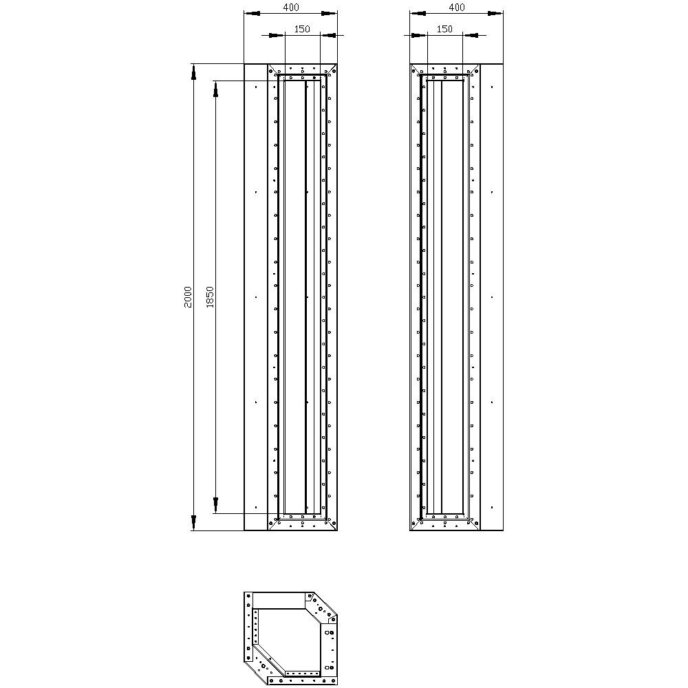 Dessin technique de deux conduits de ventilation rectangulaires, chacun large de 400 mm et haut de 1500 mm. Une vue latérale montre une profondeur de 150 mm.