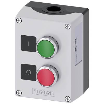 Un boîtier rectangulaire avec un bouton de démarrage vert et un bouton d'arrêt rouge, possibilités de montage par le haut ; de Siemens.