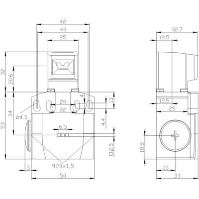 Dessin technique d'un composant mécanique avec vue de face et vue latérale, dimensions en millimètres et points de connexion caractéristiques.