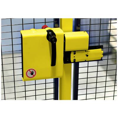 Cadenas de sécurité jaune sur une clôture métallique avec un bouton d'urgence rouge et un panneau d'avertissement interdisant de toucher.