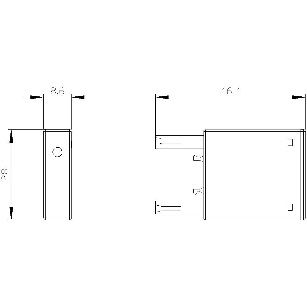 Dessin technique d'une fiche rectangulaire avec dimensions : largeur 8,6 mm, hauteur 28 mm, longueur 46,4 mm. Vue latérale et vue de face.