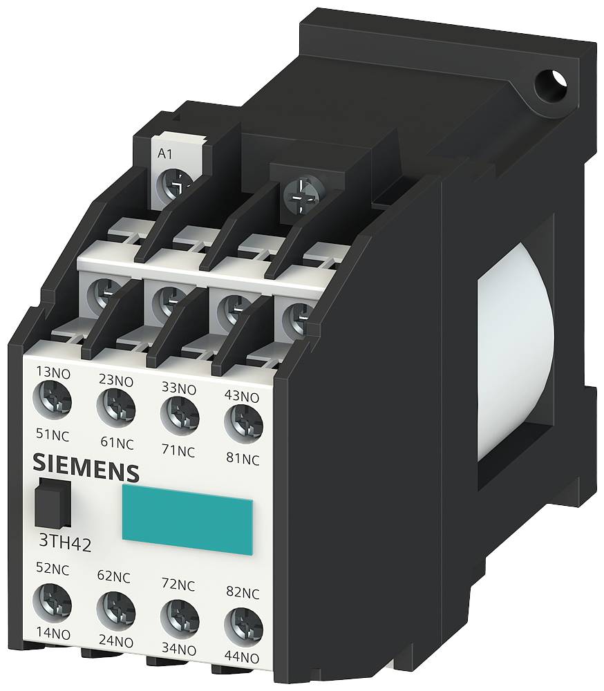 Contacteur Siemens 3TH42 en noir, avec des bornes à vis en haut et en bas. Adapté aux applications industrielles dans les circuits de commande.
