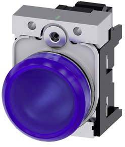 Bouton-poussoir bleu avec un cadre de boîtier argenté et un support noir, probablement un élément d'un interrupteur ou d'un panneau de commande.