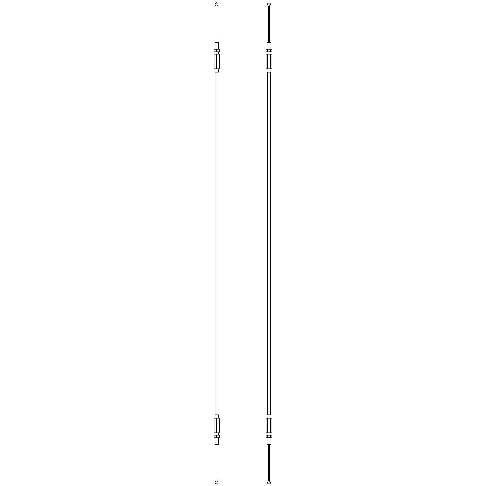Deux antennes verticales longues et minces côte à côte, leurs extrémités supérieure et inférieure ornées de petites boules.