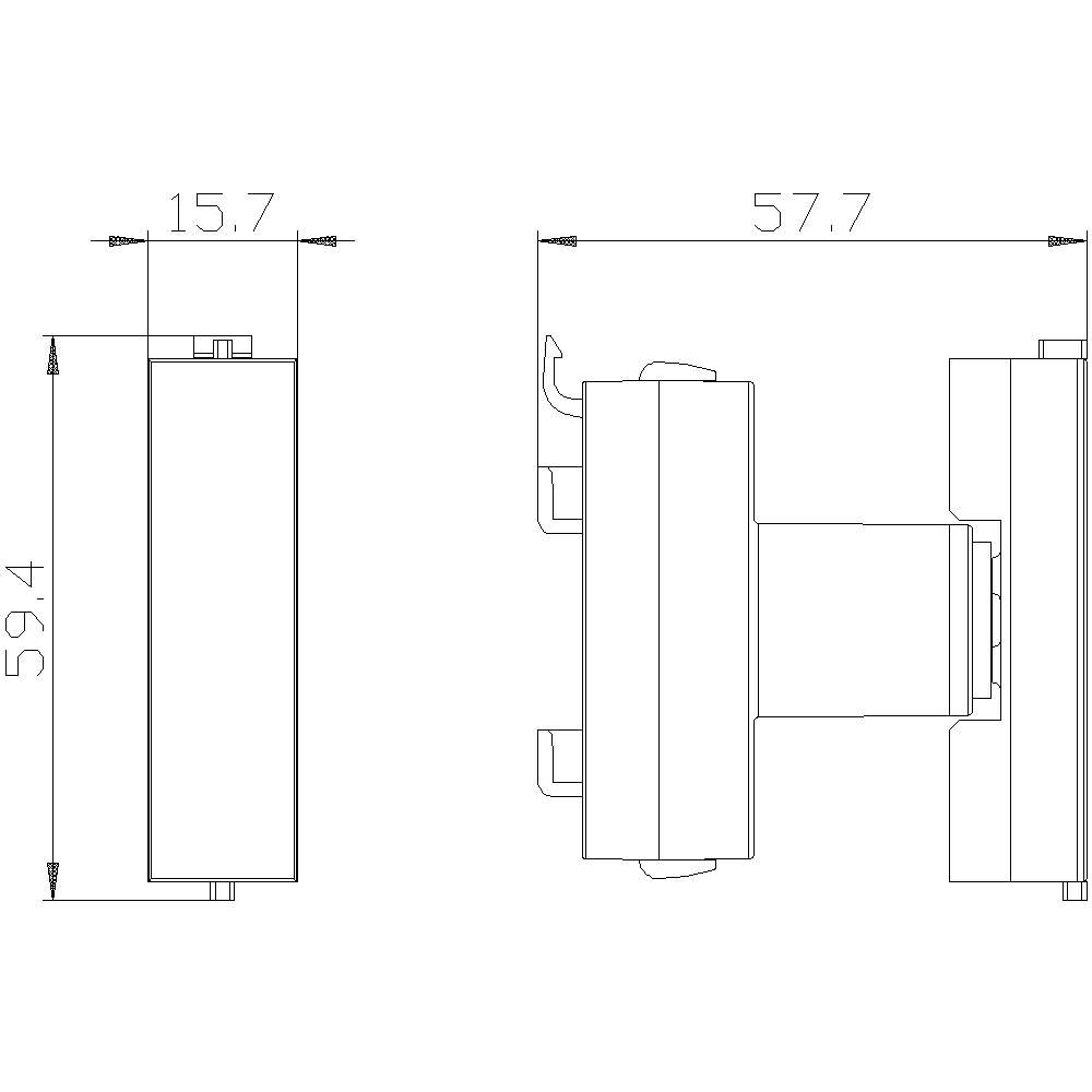 Dessin technique d'un composant rectangulaire de dimensions 59,4 x 57,7 x 15,7 mm, représenté en vue latérale et vue de face.