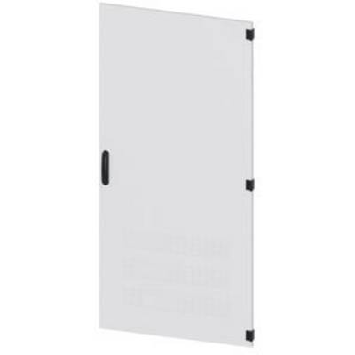 Une porte blanche avec une poignée et des charnières noires, adaptée pour fermer des armoires ou des appareils.