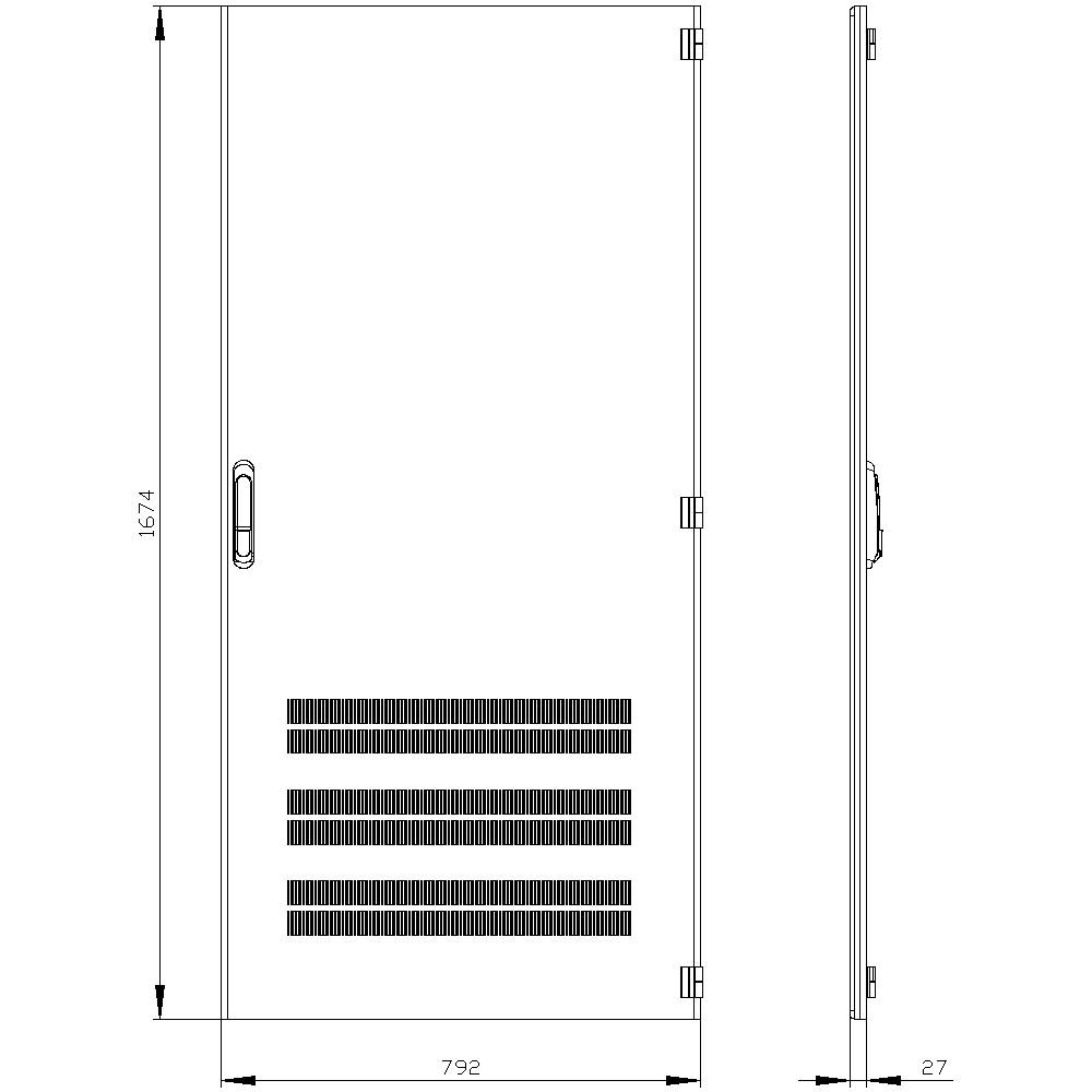 'Vue en coupe avec les dimensions 1674 mm de hauteur sur 792 mm de largeur et 27 mm d'épaisseur, incluant les fentes de ventilation et la poignée sur le côté gauche.'