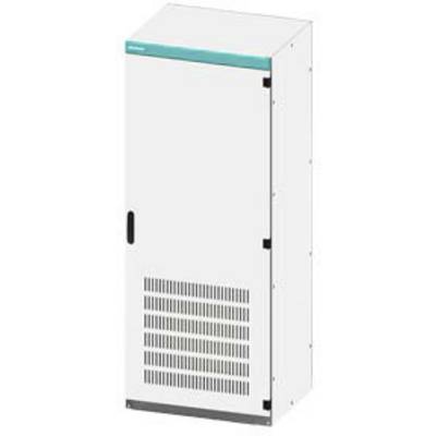 Un placard blanc rectangulaire avec des fentes de ventilation sur la façade et une bande turquoise en haut. Adapté au rangement d'appareils électroniques.