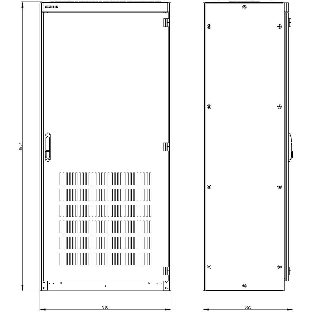 Un dessin technique montre une armoire rectangulaire avec une vue de face et de côté ; les dimensions sont de 818 mm de largeur et 563 mm de profondeur.