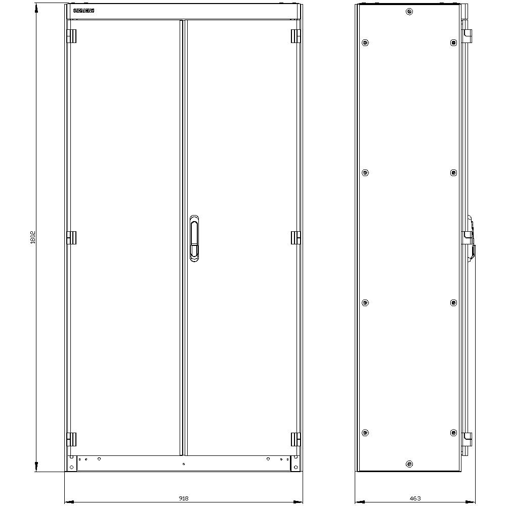 Dessin d'un armoire électrique métallique avec deux vues : vue frontale et vue latérale. Dimensions : hauteur 1902 mm, largeur 968 mm, profondeur 463 mm.
