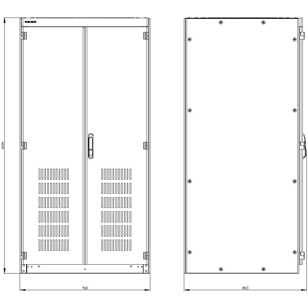 Illustration d'une armoire technique à double porte, vue de face et de côté. Dimensions : 858 mm de largeur, 2154 mm de hauteur.