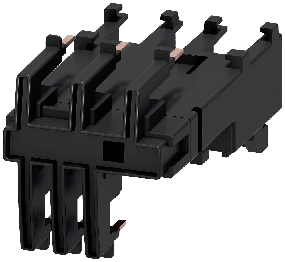 Une prise électrique noire, rectangulaire, avec plusieurs contacts en cuivre sortant de différents angles.
