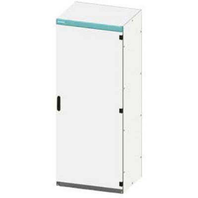 Armoire blanche à une porte, avec des charnières noires et une bande turquoise en haut. Positionnée verticalement.