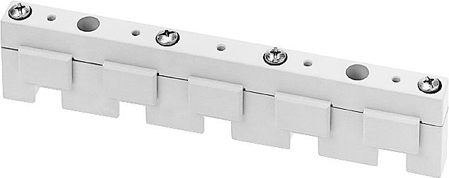 Une rail de fixation rectangulaire blanche avec des vis et plusieurs clips rabattables.