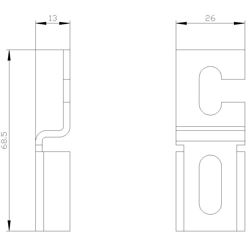 Dessin technique d'une pièce métallique : vue de gauche avec dimension de 68,5 mm de hauteur, 13 mm de largeur ; vue de droite avec dimensions et protubérances.