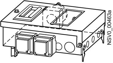 Dessin technique d'un boîtier rectangulaire avec deux connecteurs intégrés et plusieurs perçages sur la surface.