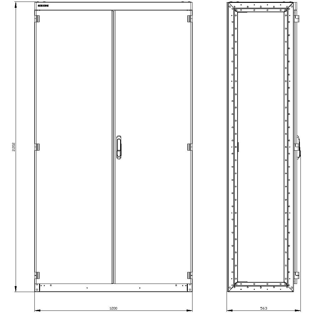 Dessin technique d'un placard à deux portes avec poignée. Dimensions en mm : largeur 1200, hauteur 2200, profondeur 563. Vue de face et vue latérale.