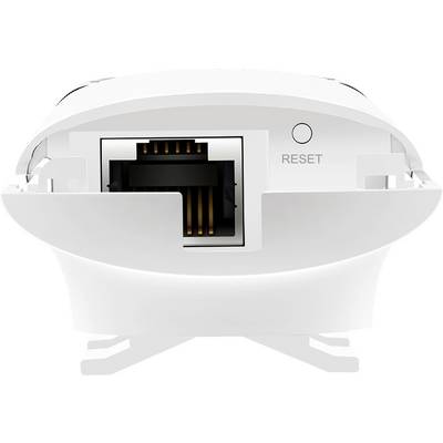 'Gros plan d'un appareil blanc doté d'un port Ethernet et d'un bouton de réinitialisation.'