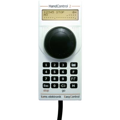 Dispositif 'HandControl 2' avec un grand cadran, un affichage numérique indiquant '12345 STOP M3', et un clavier. Utilisé pour un contrôle électronique précis.