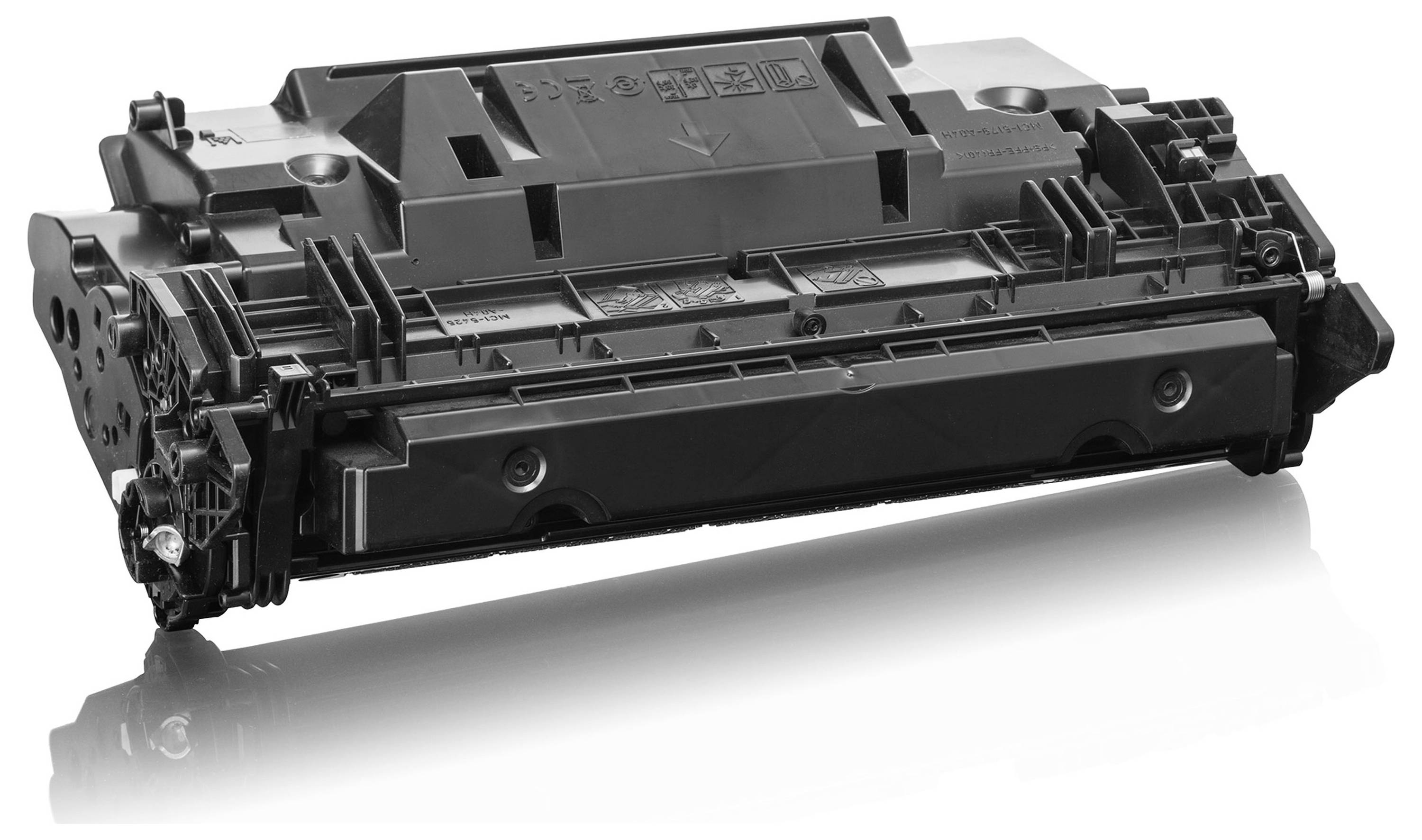 Cartouche de toner d'imprimante noire isolée sur un fond blanc, présentée sous un angle.