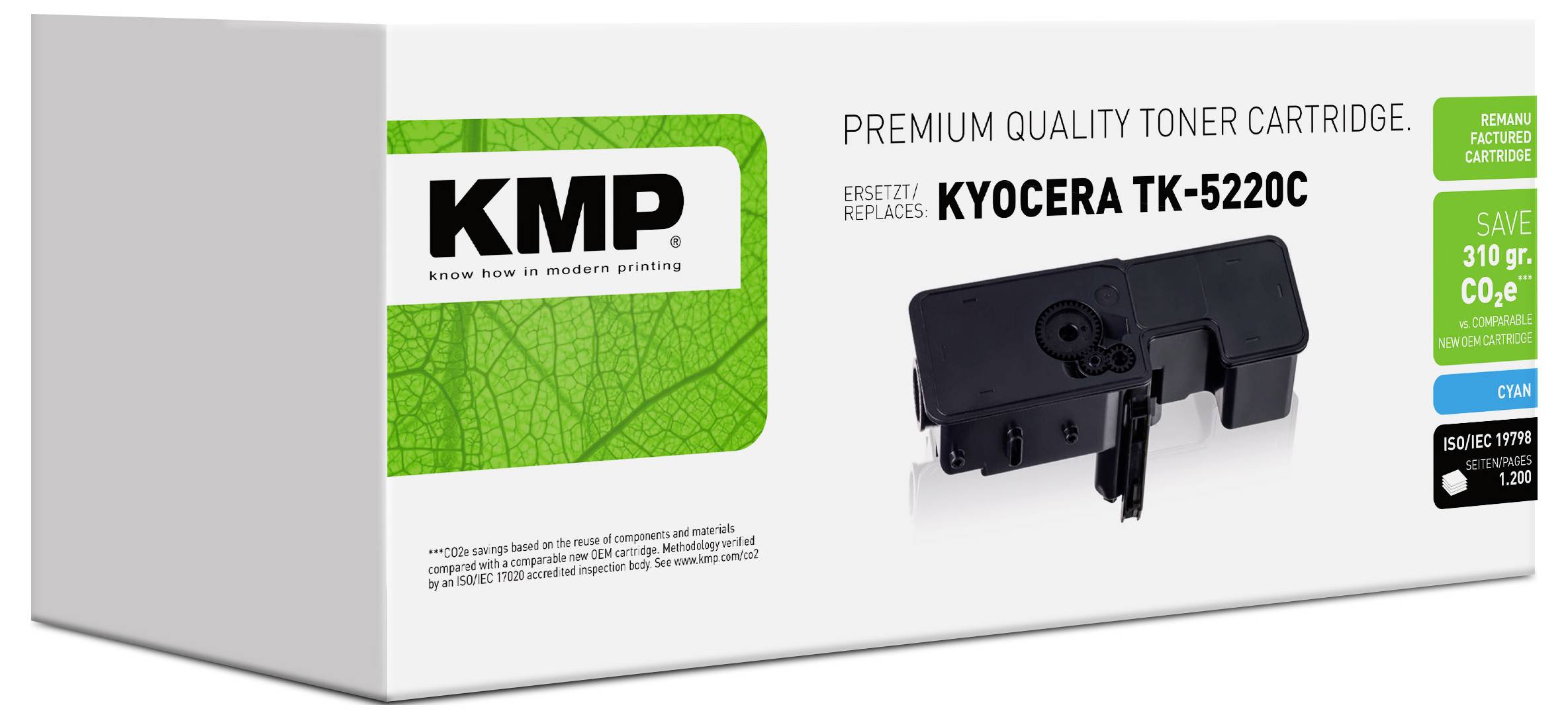 Boîte de cartouche de toner KMP de qualité premium pour Kyocera TK-5220C, présentée avec image produit et étiquette verte mettant en évidence les économies et les détails de remplissage/remplacement.
