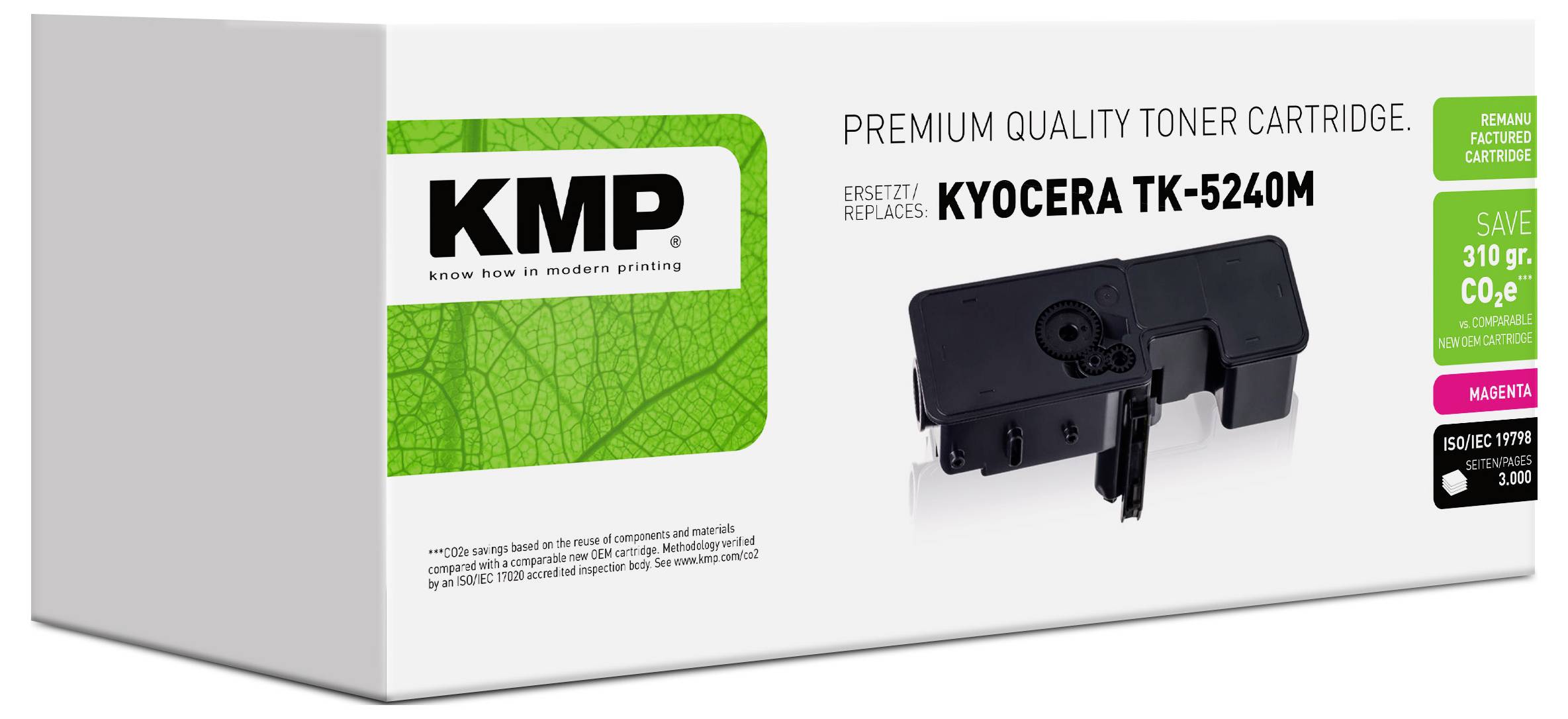 Boîte de cartouche de toner de qualité premium KMP pour Kyocera TK-5240M, cartouche noire illustrée, avec étiquettes vertes « cartouche remise à neuf » et « économies ».