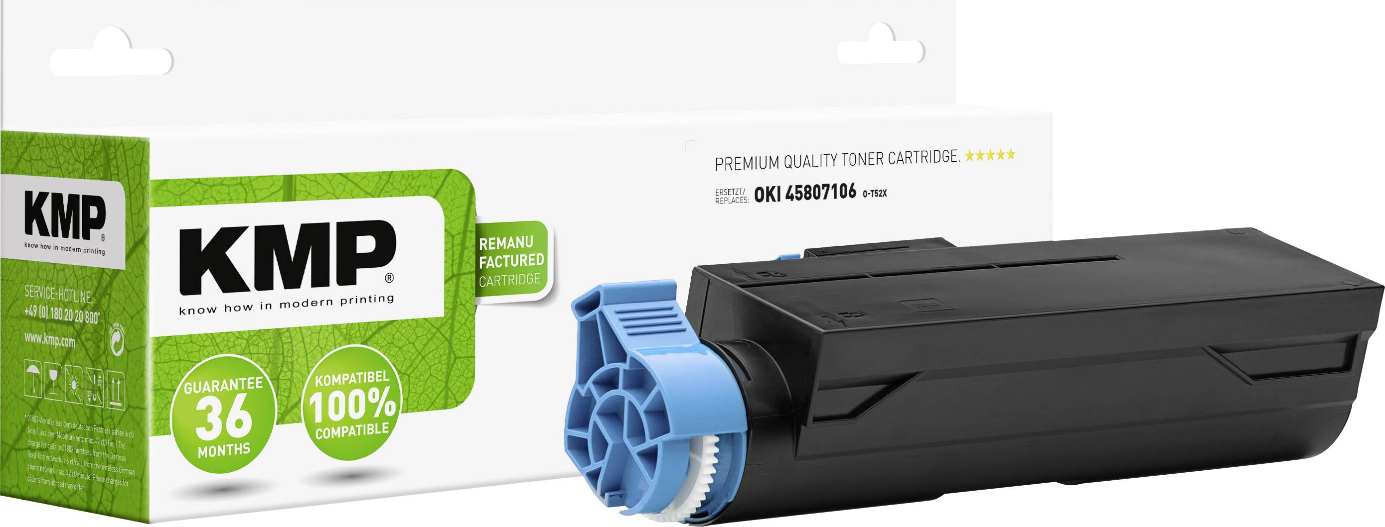 Un toner noir avec un capuchon bleu. Emballage portant la mention 'KMP', garanti 36 mois. Compatible avec l'imprimante OKI 45807106.