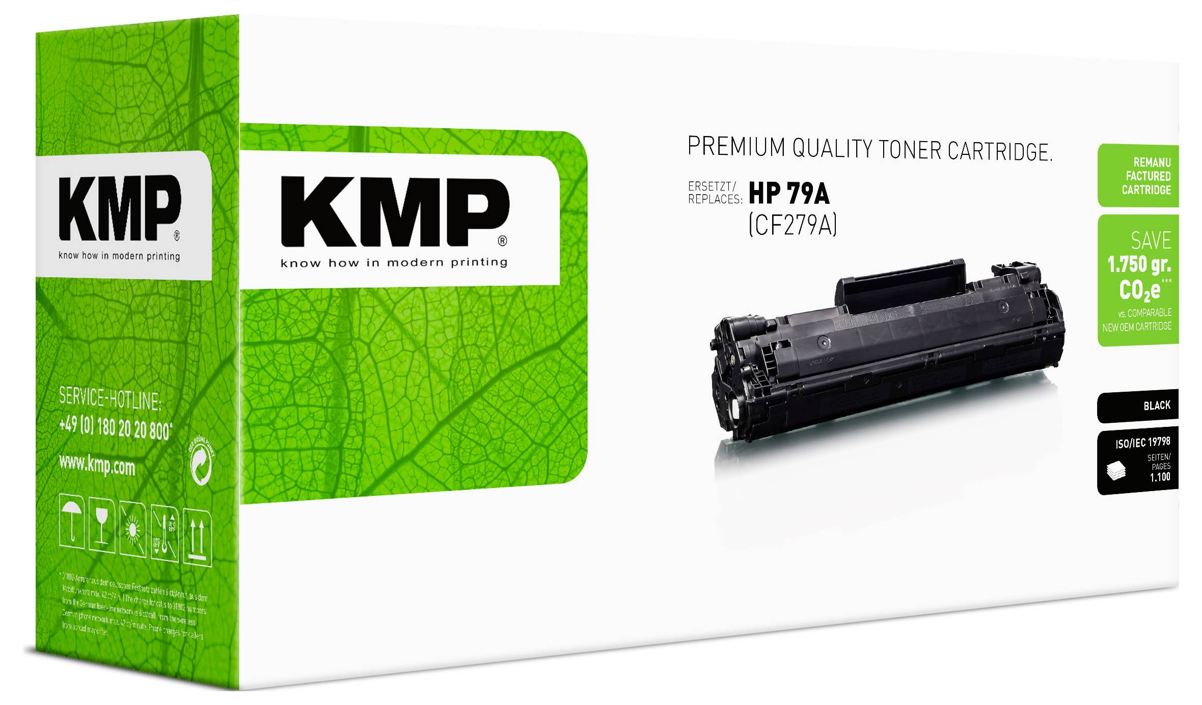 Boîte de cartouche de toner de qualité premium KMP pour HP 79A (CF279A), toner noir, présentée avec emballage vert et image de cartouche