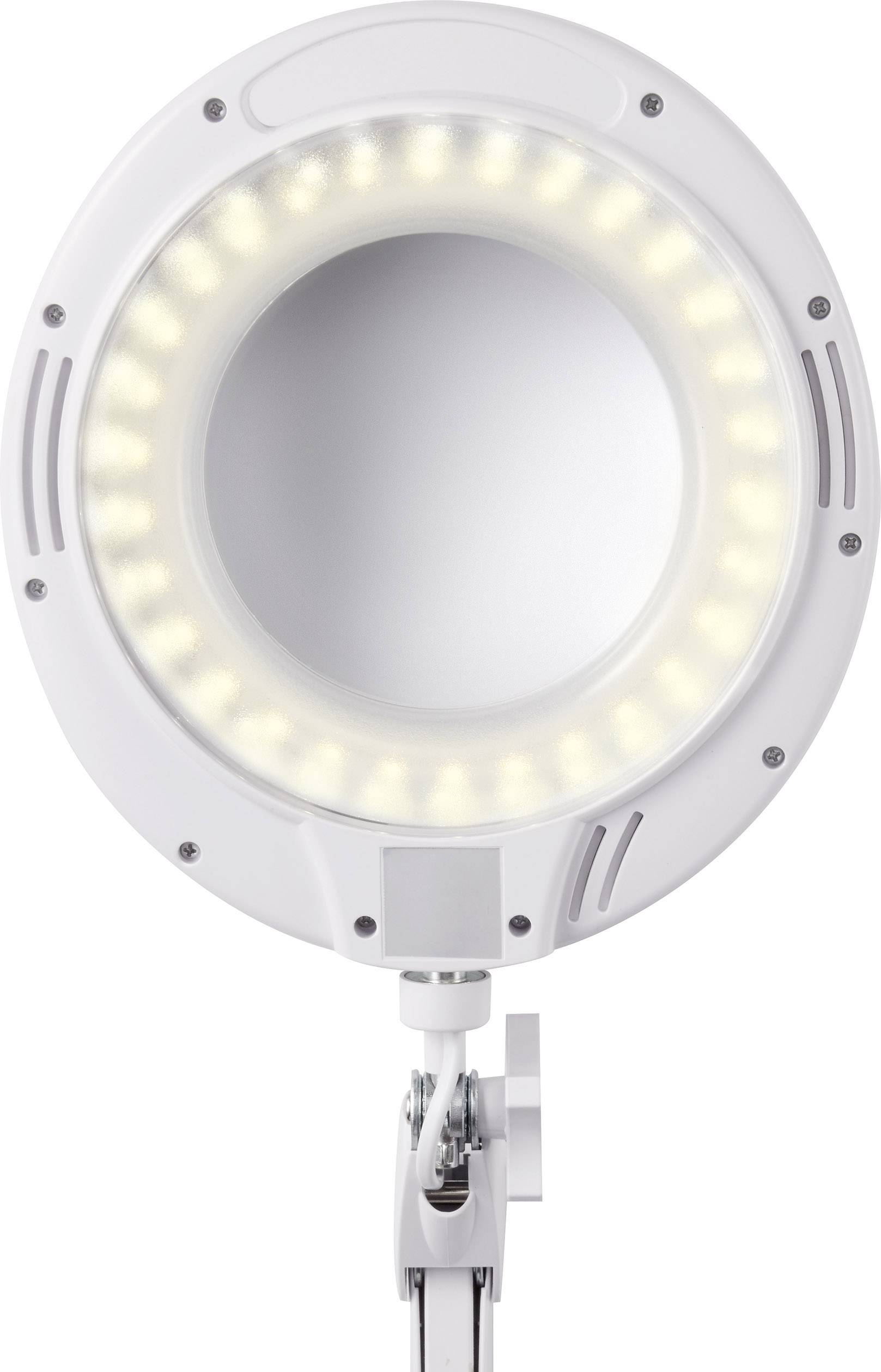 Une lampe LED blanche, ronde, avec loupe intégrée sur un bras ajustable. Idéale pour des travaux précis ou l'examen de détails.